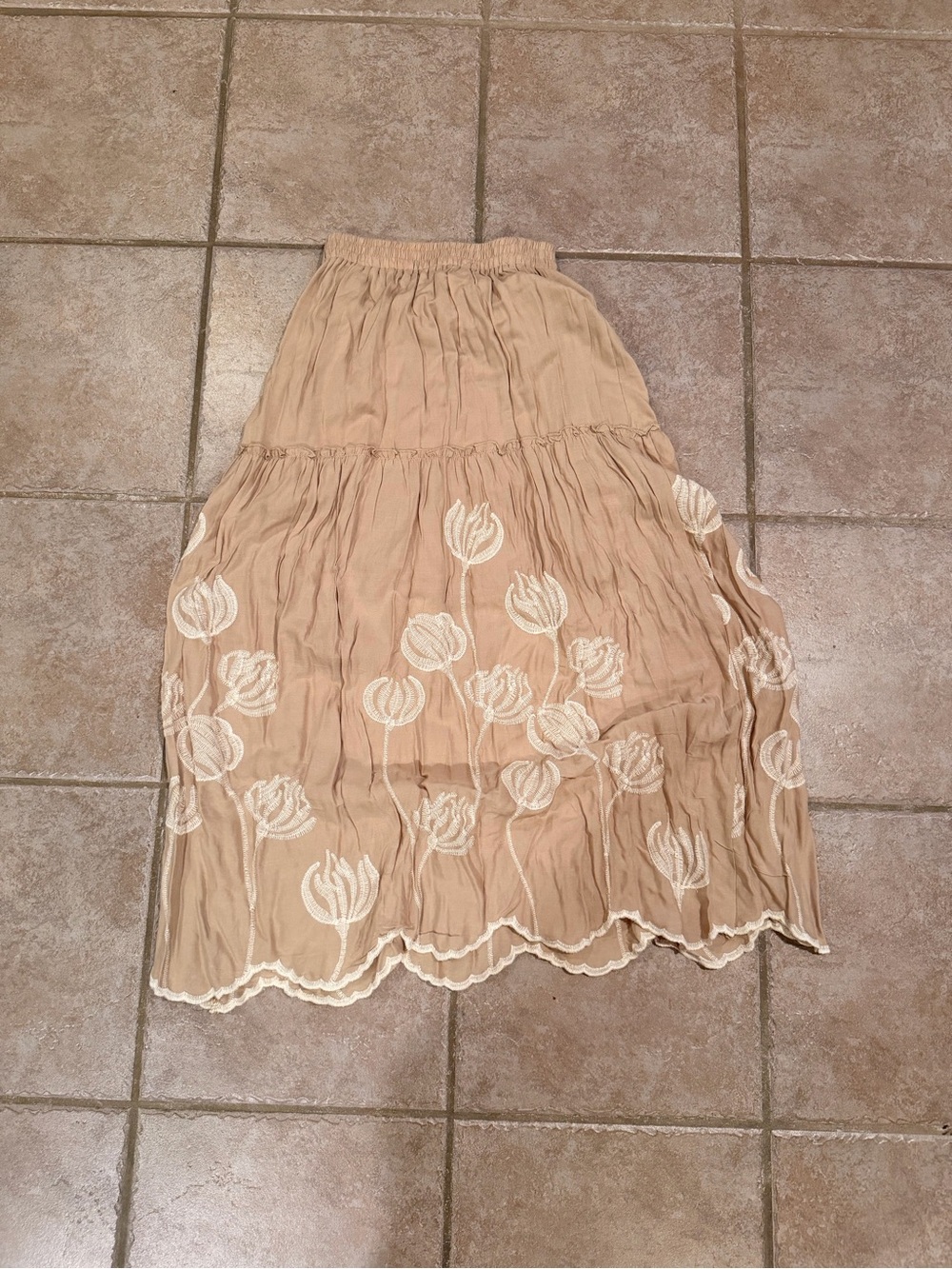 Embroidered Beige Maxi Skirt with Scalloped Hem